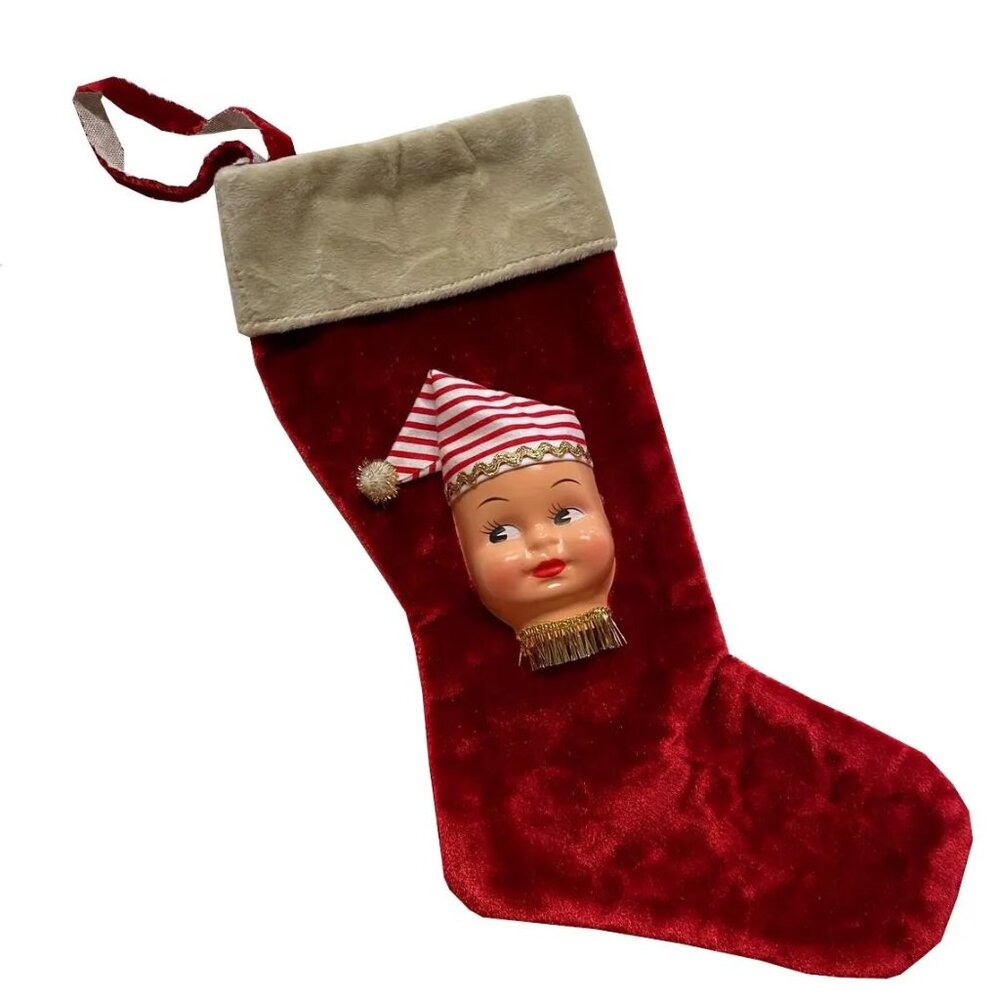 Christmas Stocking with Dolly Face Holiday Decor Xmas Vintage Handmade